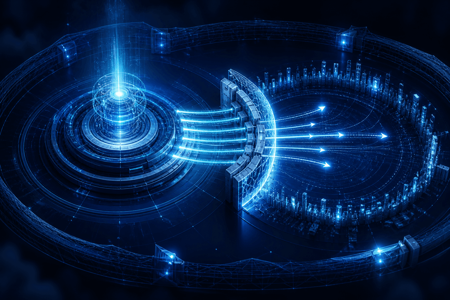 Abstract blue illustration of a luminous decision core sending multiple paths through a guarded gateway into a circular market