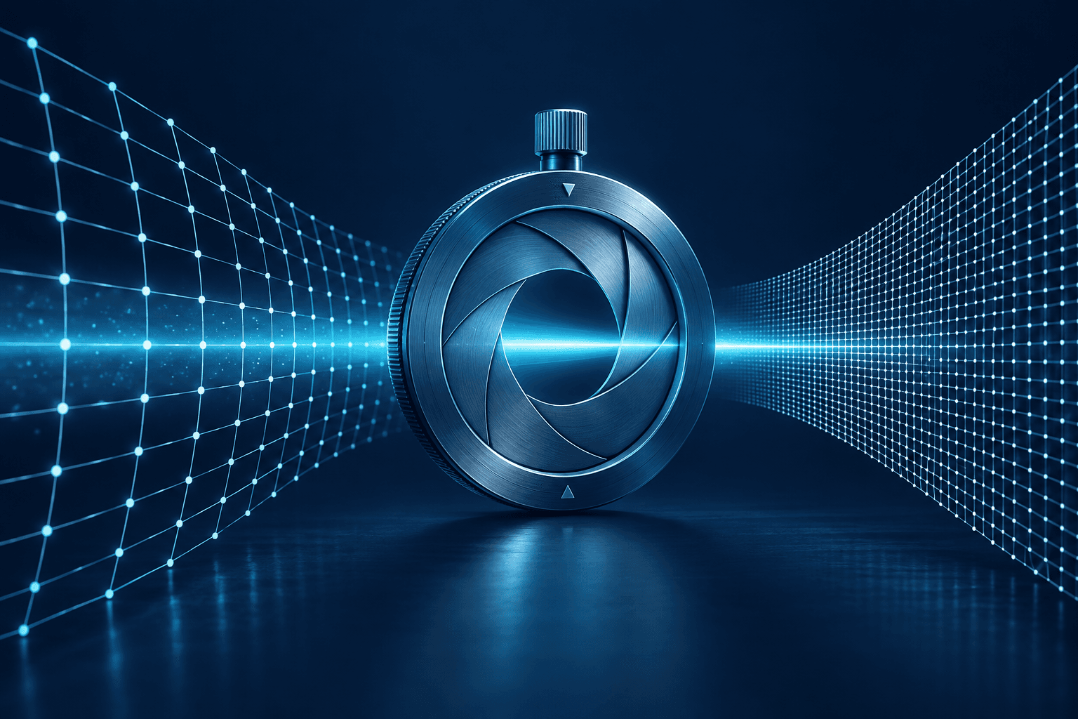 A blue adjustable aperture between coarse and fine meshes, crossed by a cyan beam
