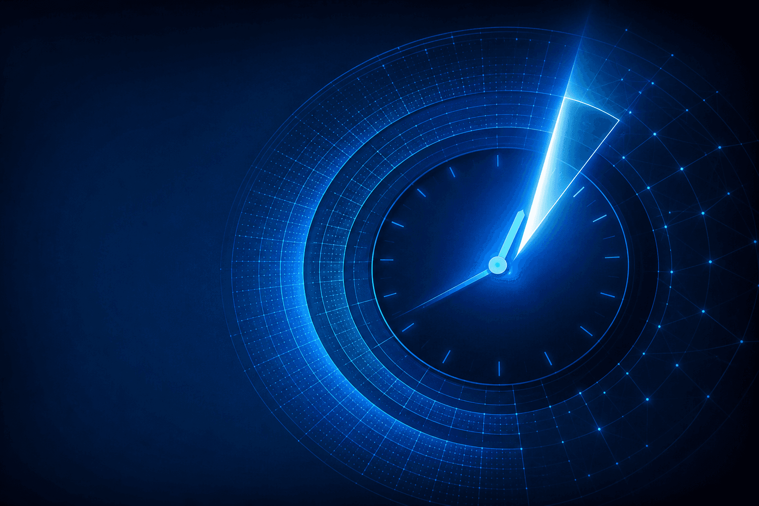 Abstract blue market clock with a bright final segment surrounded by a surveillance grid