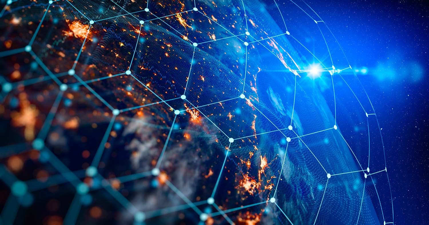 Illuminated globe covered by an interconnected digital network