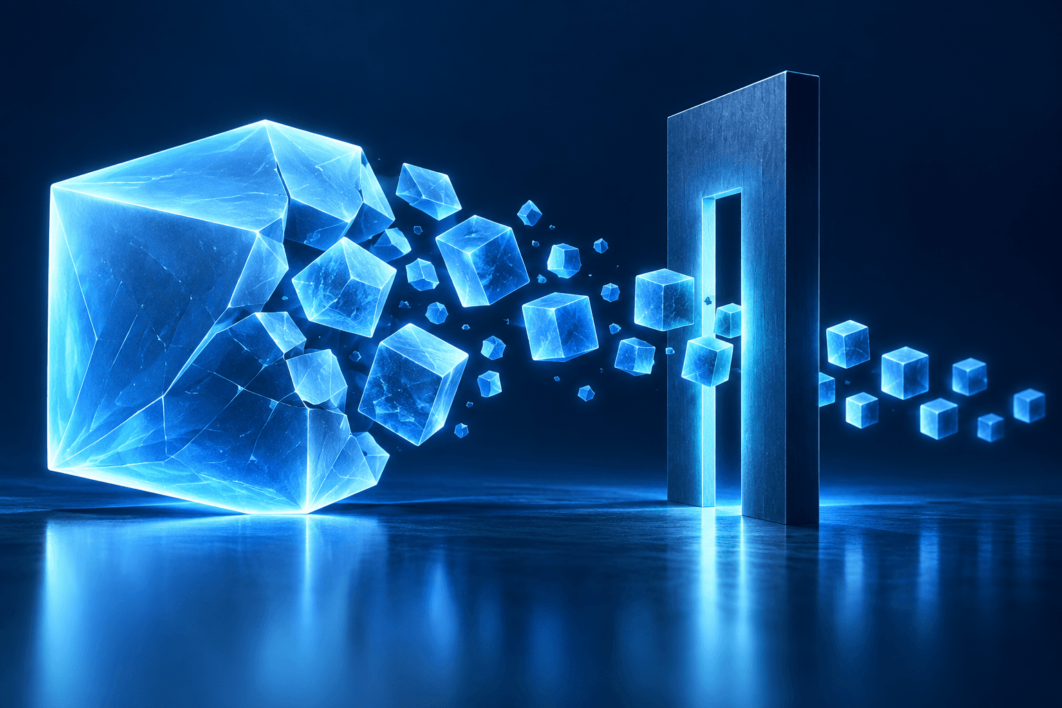 A luminous blue block breaks into smaller blocks passing through a narrow geometric gate