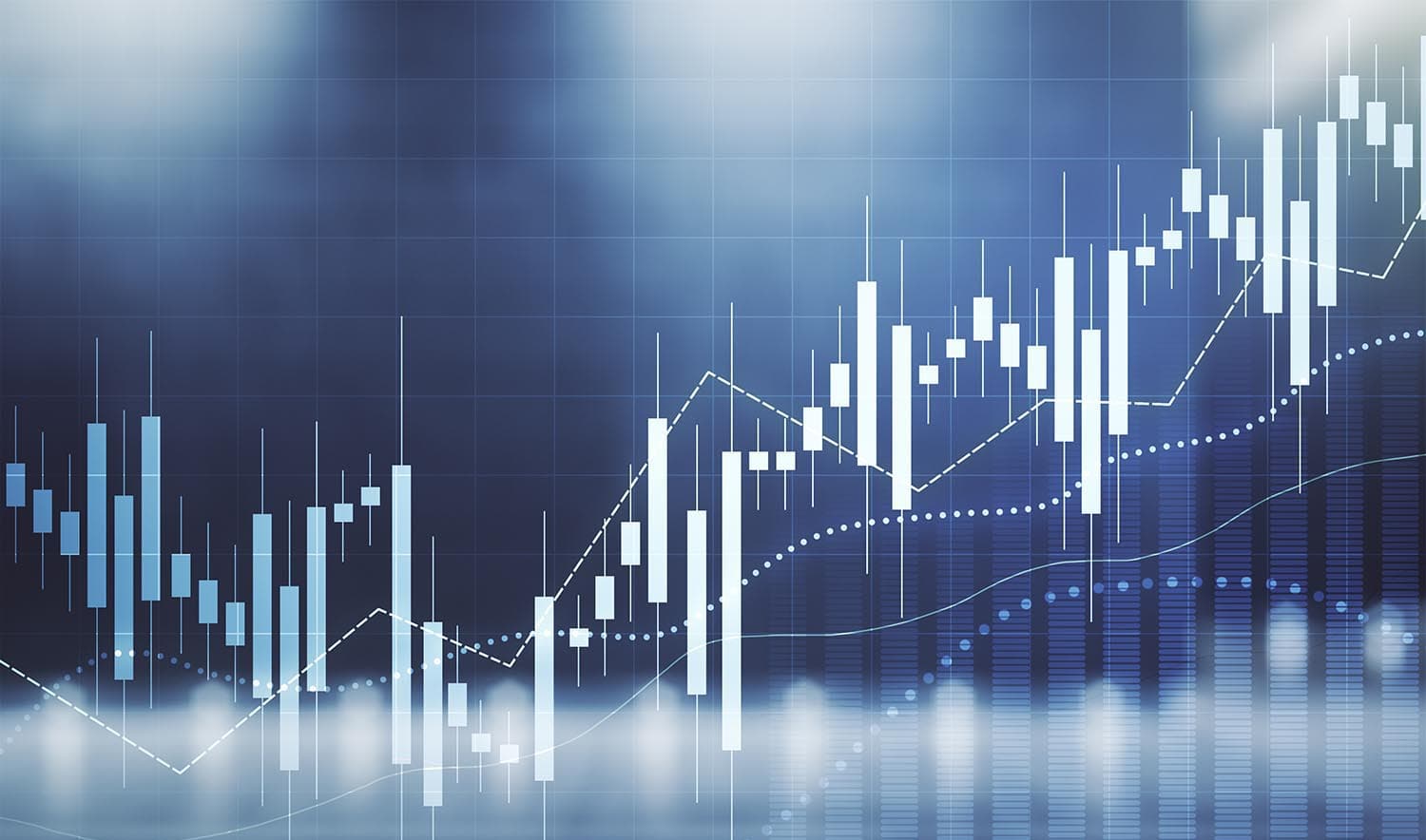 Financial market candlestick charts rising across a blue grid