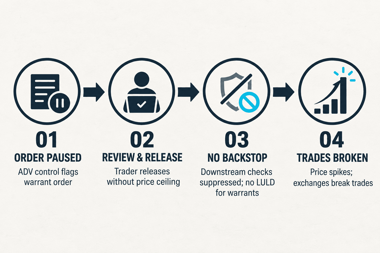 Four-stage illustrated workflow: warrant order paused, trader review and release, no downstream backstop, and trades broken