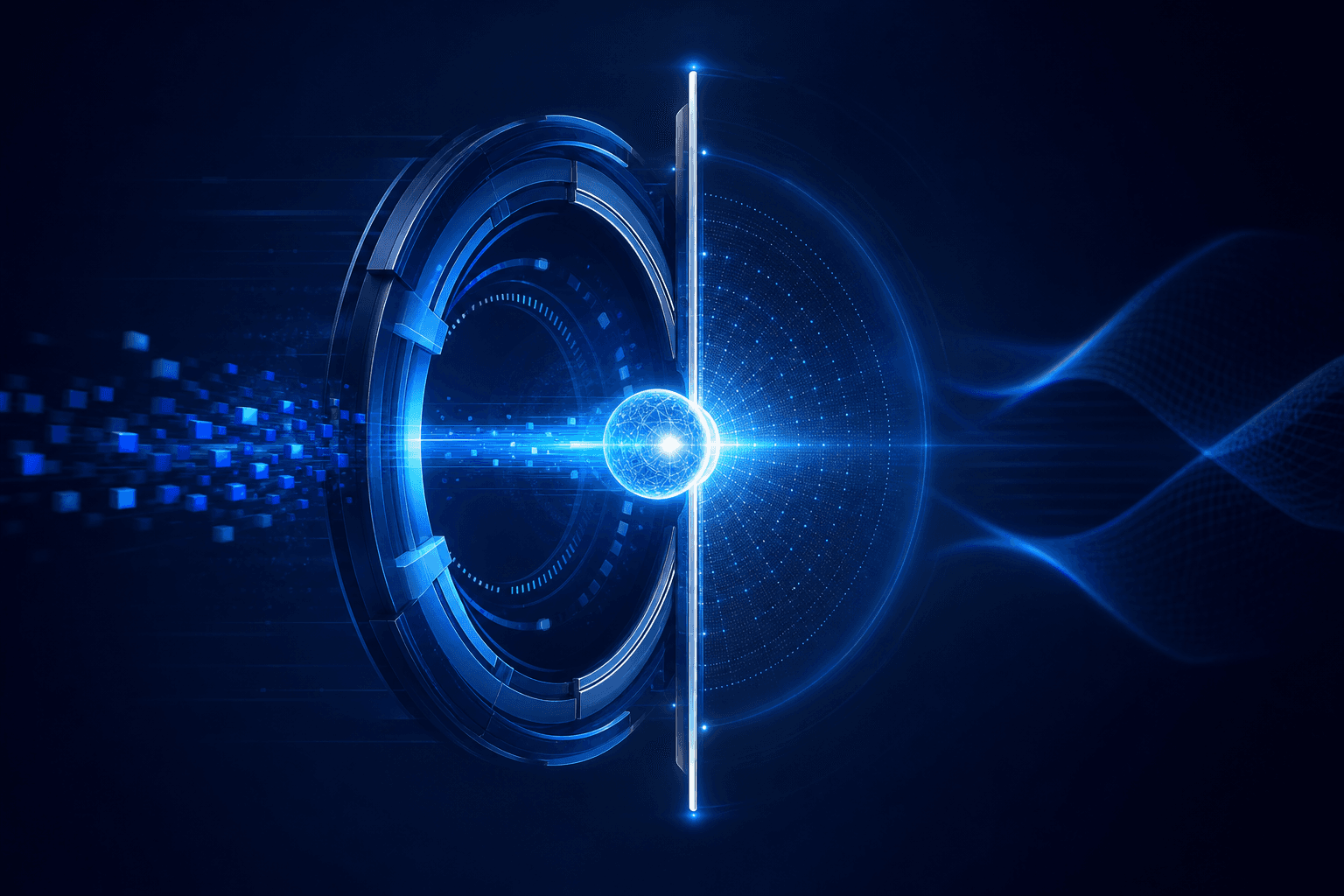 Abstract blue illustration of a luminous sphere crossing a vertical threshold beside a circular mechanical gateway