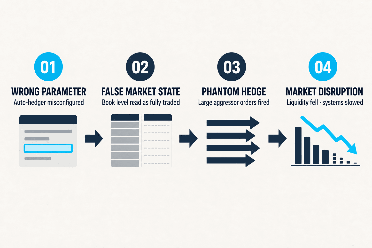 Four-stage workflow from a wrong auto-hedger parameter to market disruption